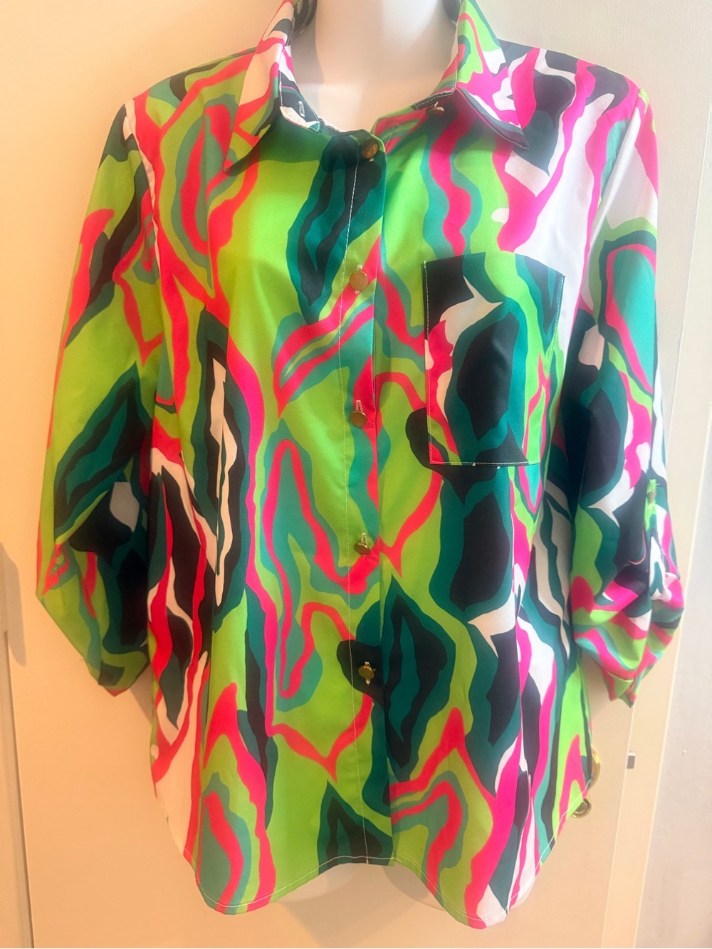 Vibrant Abstract Print Button-Down Shirt - Green/Pink XL
